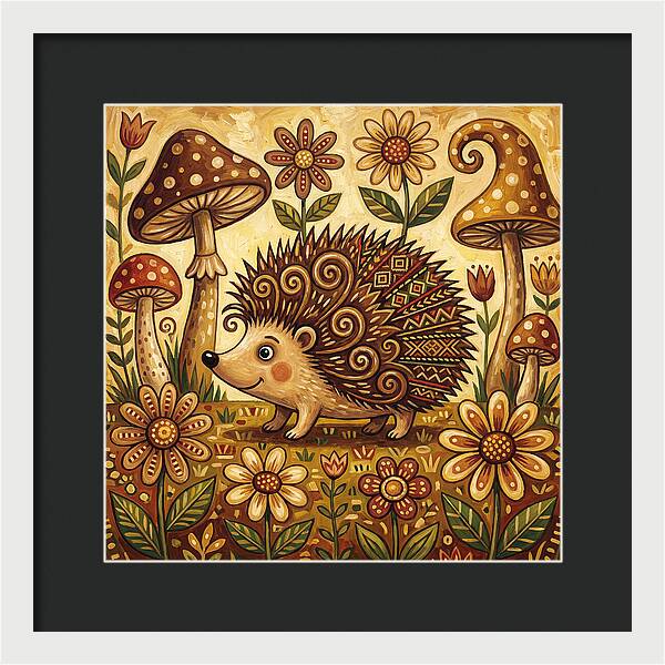 Hedgehog Among Flowers And Mushrooms