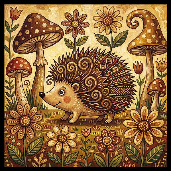 Hedgehog Among Flowers And Mushrooms