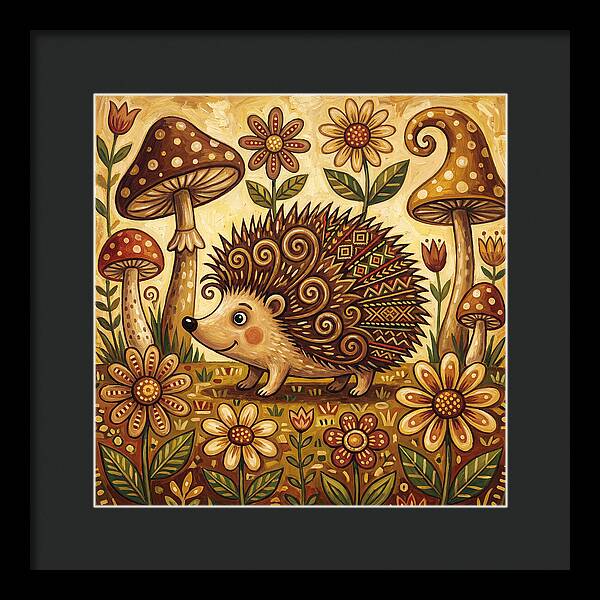 Hedgehog Among Flowers And Mushrooms
