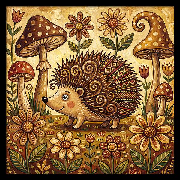 Hedgehog Among Flowers And Mushrooms