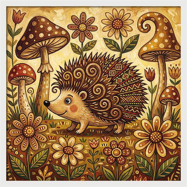 Hedgehog Among Flowers And Mushrooms