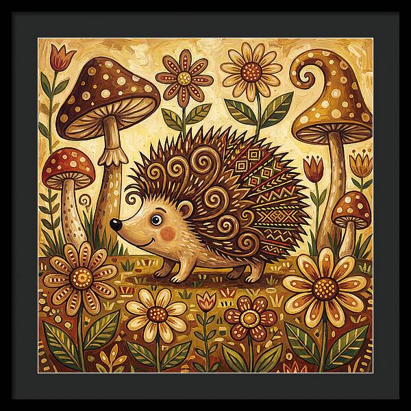 Hedgehog Among Flowers And Mushrooms
