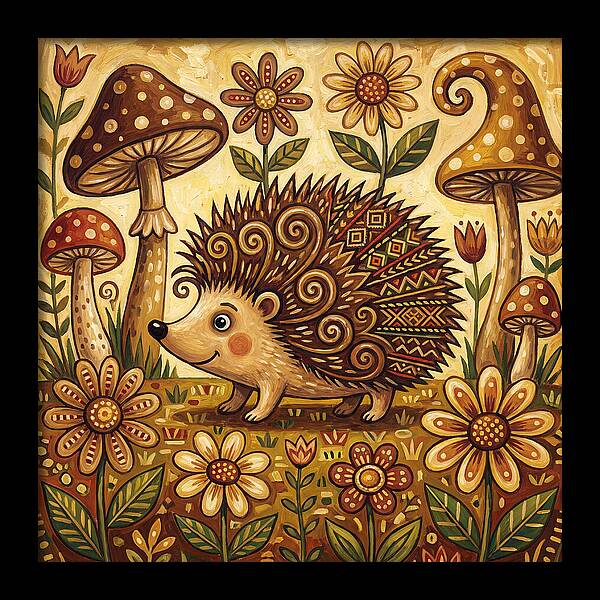 Hedgehog Among Flowers And Mushrooms