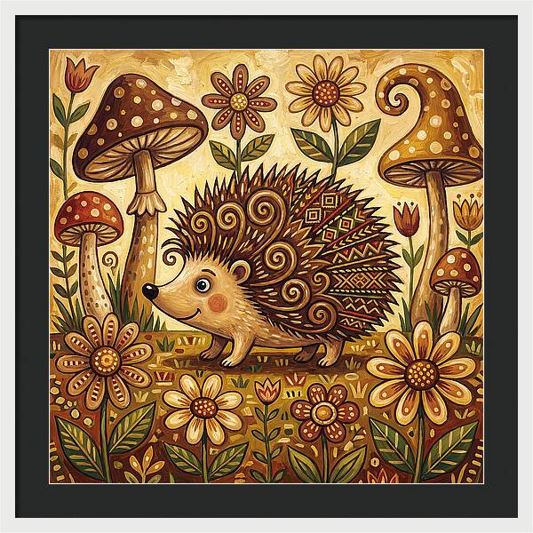 Hedgehog Among Flowers And Mushrooms