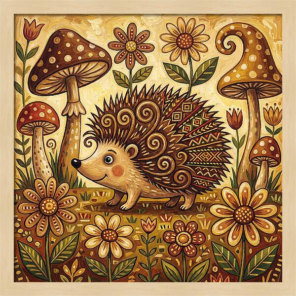 Hedgehog Among Flowers And Mushrooms
