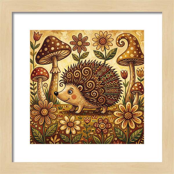 Hedgehog Among Flowers And Mushrooms