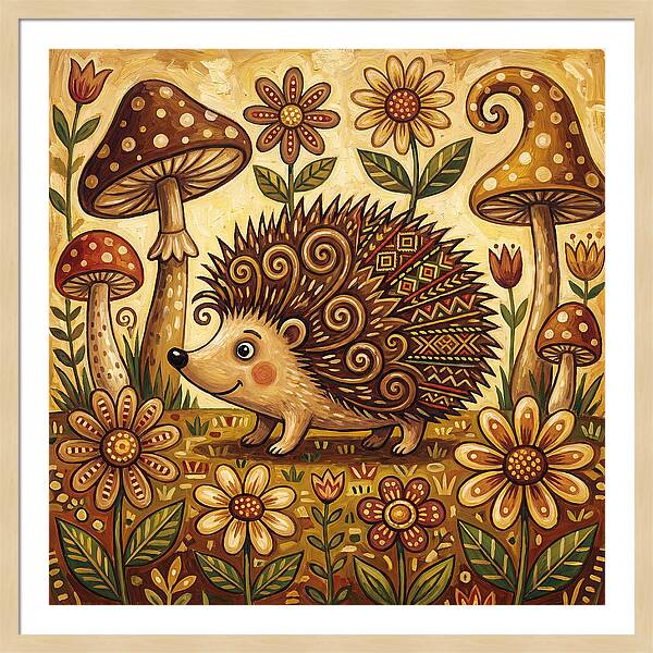 Hedgehog Among Flowers And Mushrooms