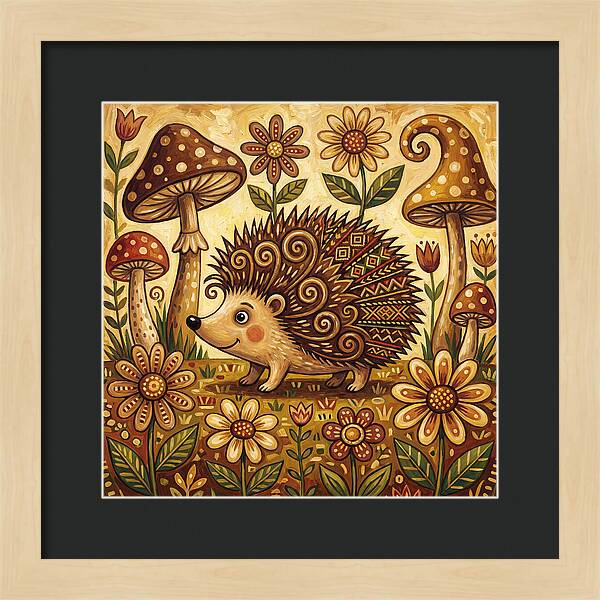 Hedgehog Among Flowers And Mushrooms
