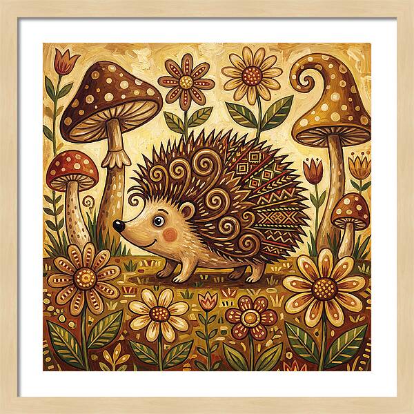 Hedgehog Among Flowers And Mushrooms