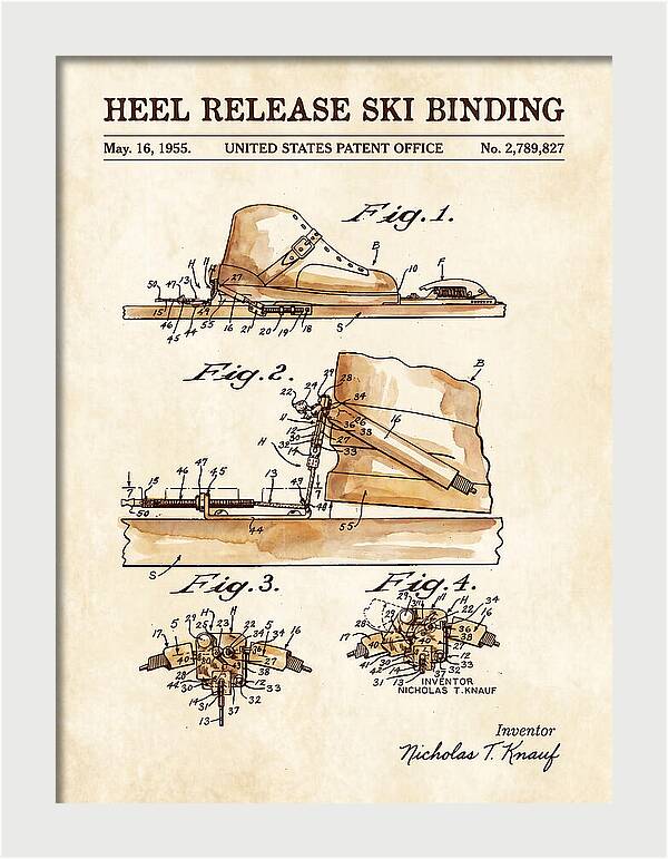 Heel Release Ski Binding Watercolor Patent Us2789827a