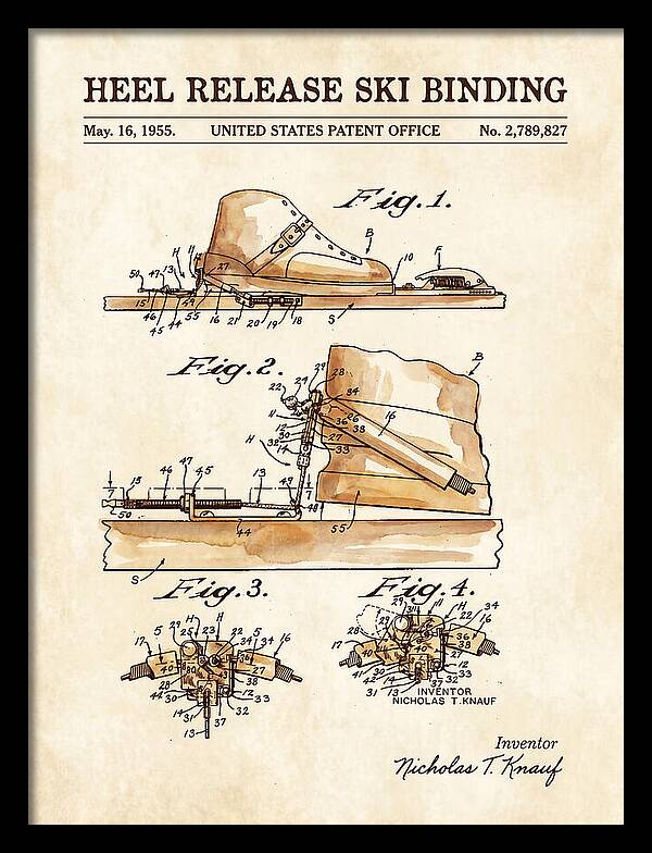 Heel Release Ski Binding Watercolor Patent Us2789827a
