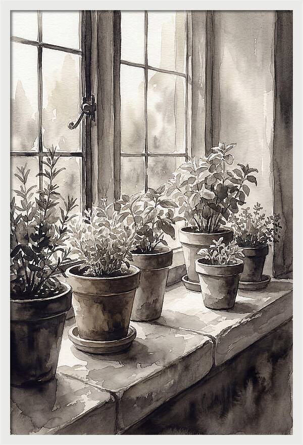 Herb Garden On Sunny Kitchen Windowsill