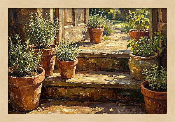 Herb Pots Bathed In Sunlight