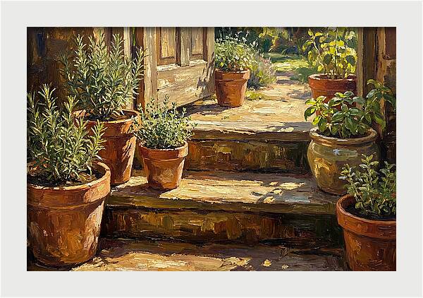 Herb Pots Bathed In Sunlight