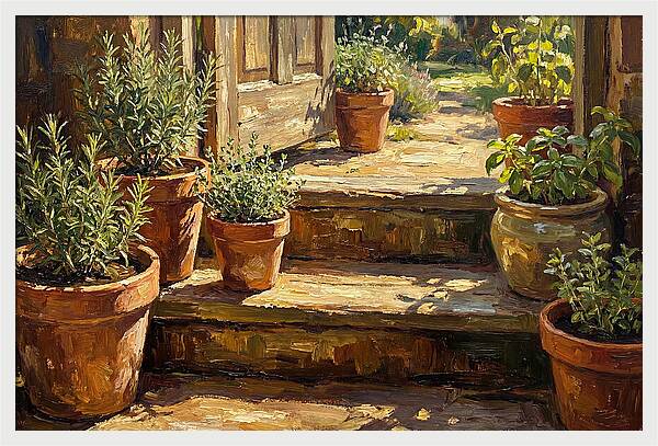 Herb Pots Bathed In Sunlight