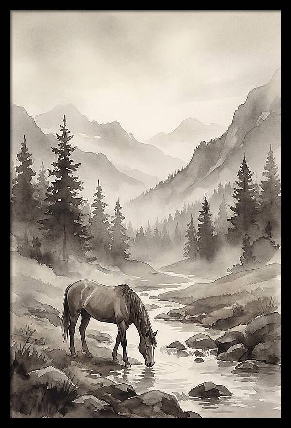 Horse Drinking From Mountain Stream