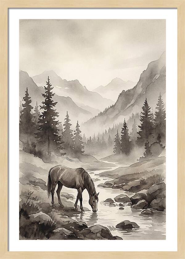Horse Drinking From Mountain Stream