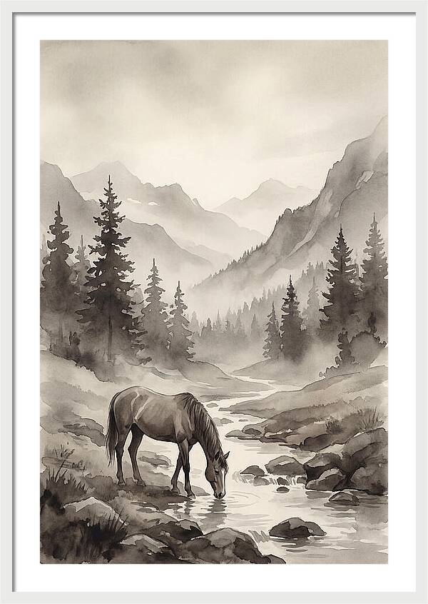 Horse Drinking From Mountain Stream