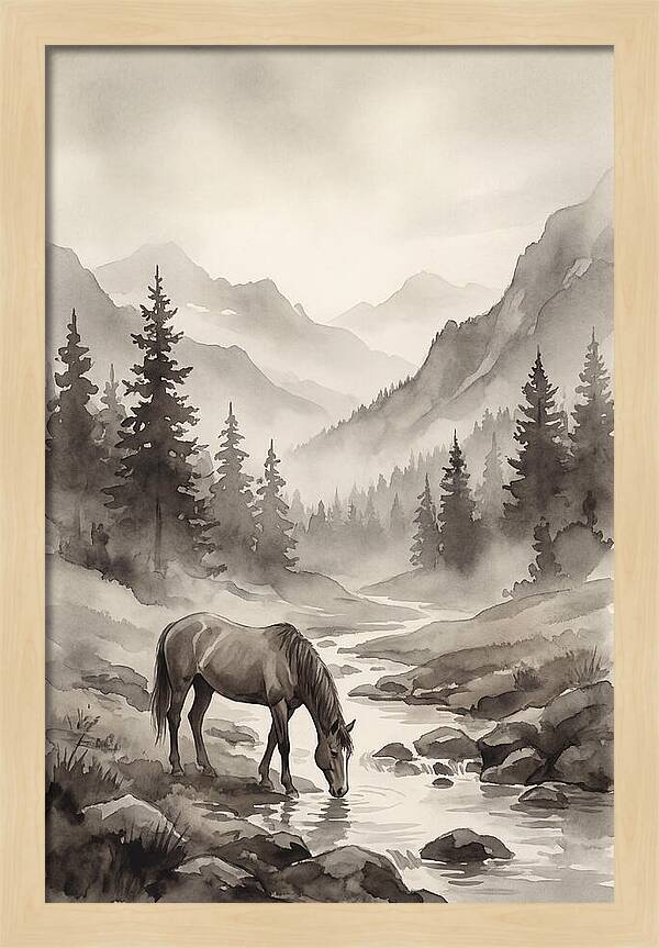 Horse Drinking From Mountain Stream