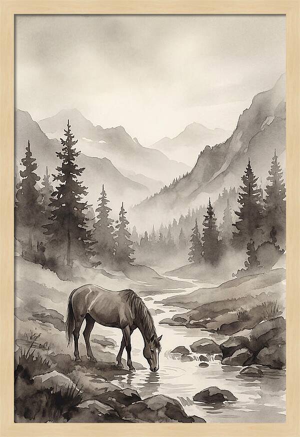 Horse Drinking From Mountain Stream