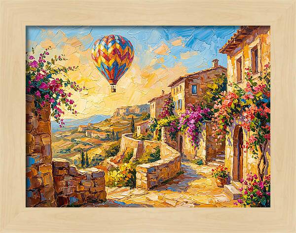 Hot Air Balloon Over Mediterranean Village