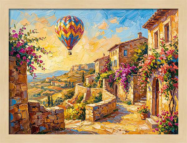 Hot Air Balloon Over Mediterranean Village