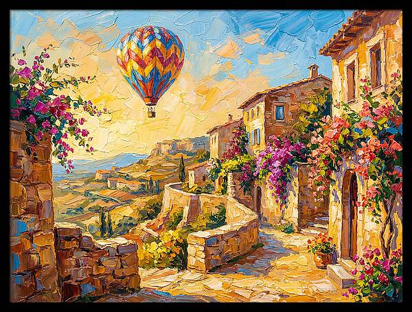Hot Air Balloon Over Mediterranean Village