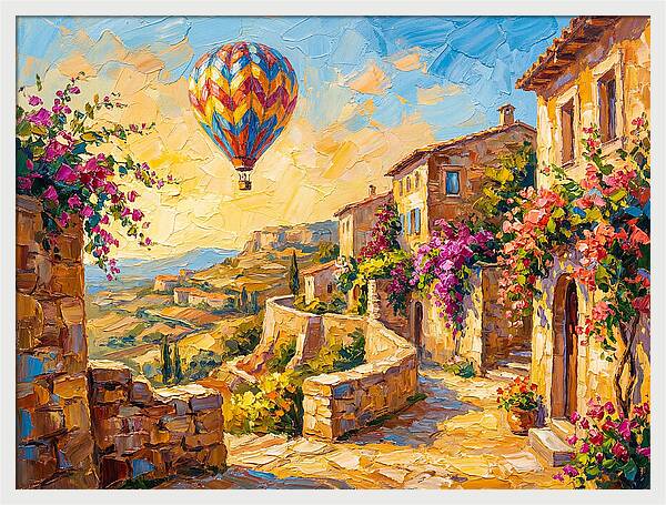 Hot Air Balloon Over Mediterranean Village