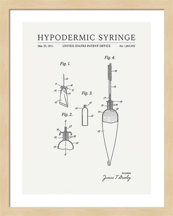 Hypodermic Syringe Minimalist Patent Us1015952a