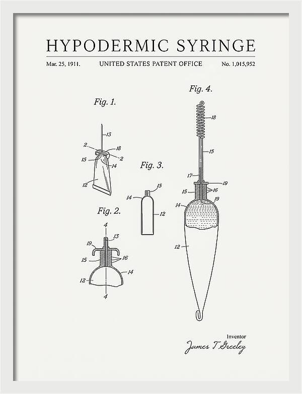Hypodermic Syringe Minimalist Patent Us1015952a