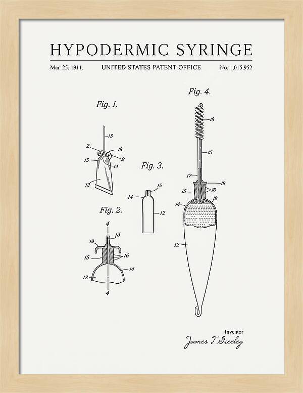 Hypodermic Syringe Minimalist Patent Us1015952a