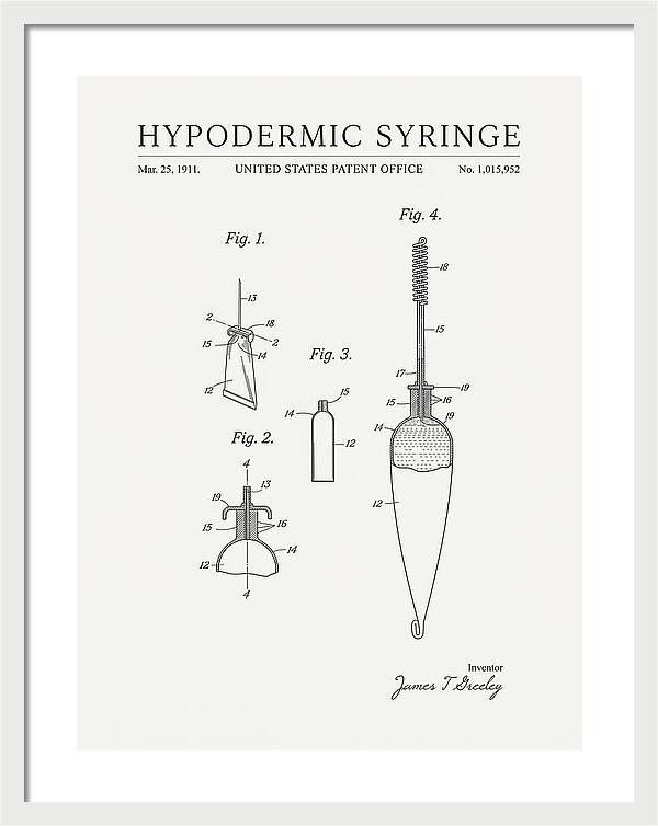 Hypodermic Syringe Minimalist Patent Us1015952a