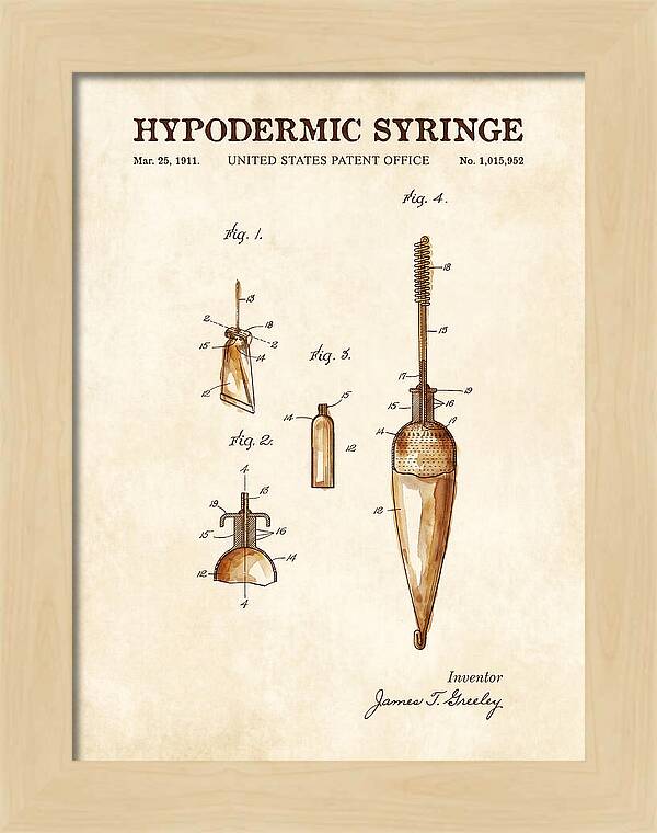Hypodermic Syringe Watercolor Patent Us1015952a