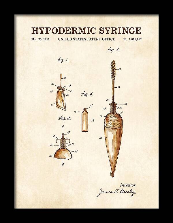 Hypodermic Syringe Watercolor Patent Us1015952a