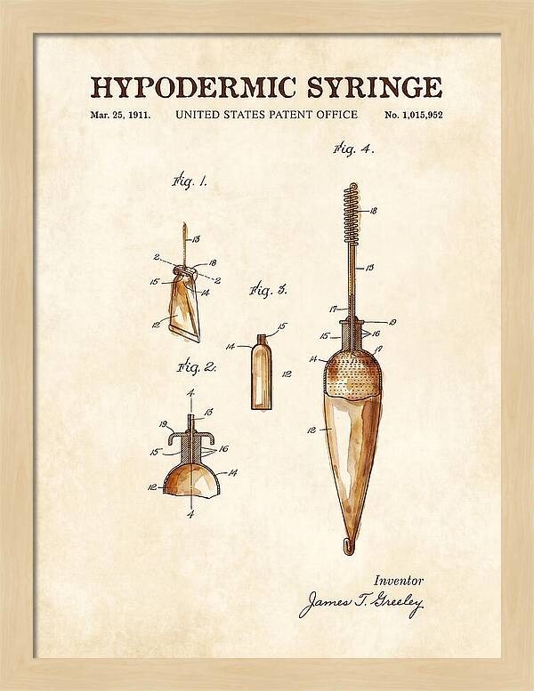 Hypodermic Syringe Watercolor Patent Us1015952a
