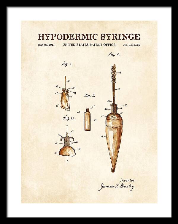Hypodermic Syringe Watercolor Patent Us1015952a