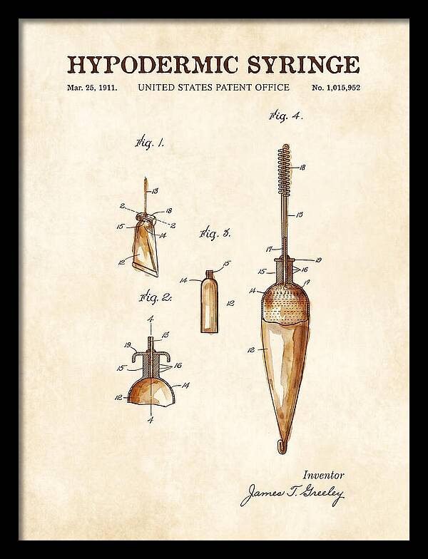 Hypodermic Syringe Watercolor Patent Us1015952a