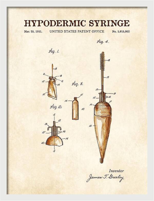 Hypodermic Syringe Watercolor Patent Us1015952a