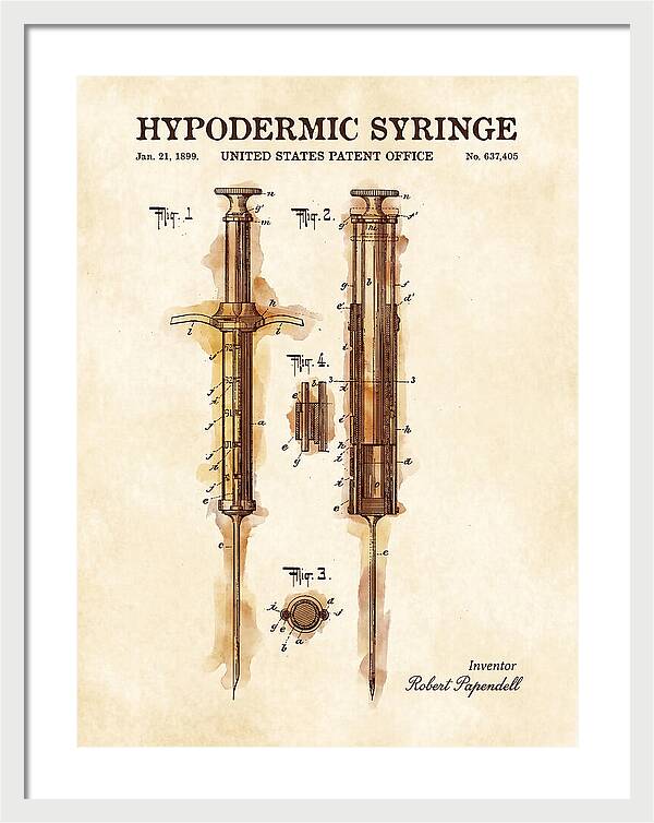 Hypodermic Syringe Watercolor Patent Us637405a