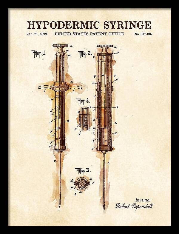 Hypodermic Syringe Watercolor Patent Us637405a