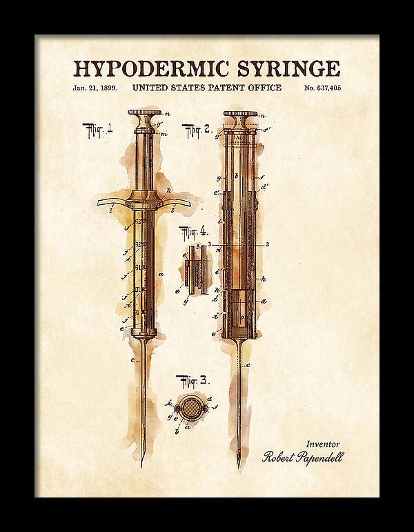Hypodermic Syringe Watercolor Patent Us637405a