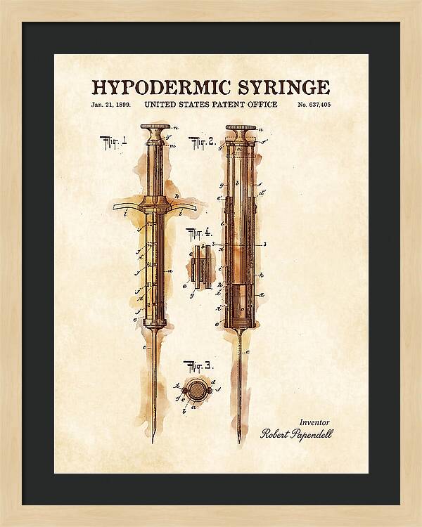Hypodermic Syringe Watercolor Patent Us637405a