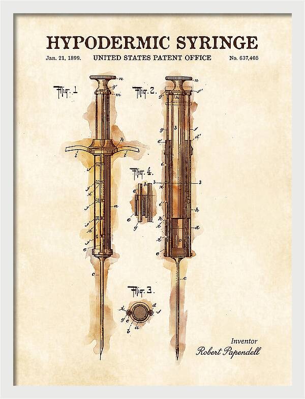 Hypodermic Syringe Watercolor Patent Us637405a