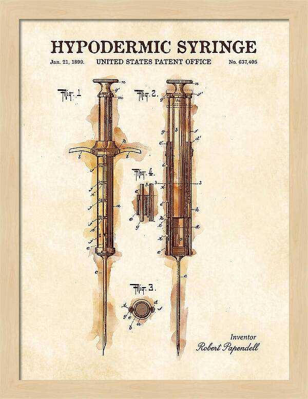 Hypodermic Syringe Watercolor Patent Us637405a