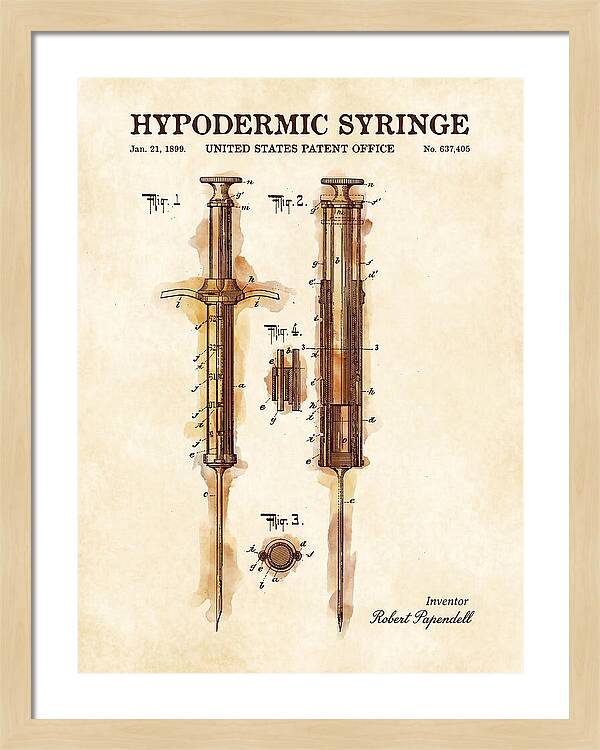 Hypodermic Syringe Watercolor Patent Us637405a