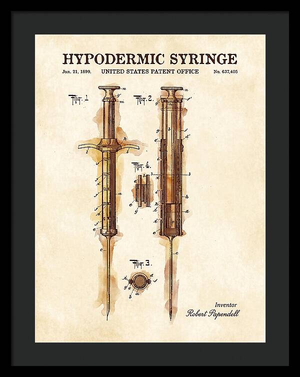 Hypodermic Syringe Watercolor Patent Us637405a