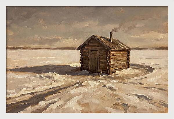 Ice Fishing Hut On Frozen Lake