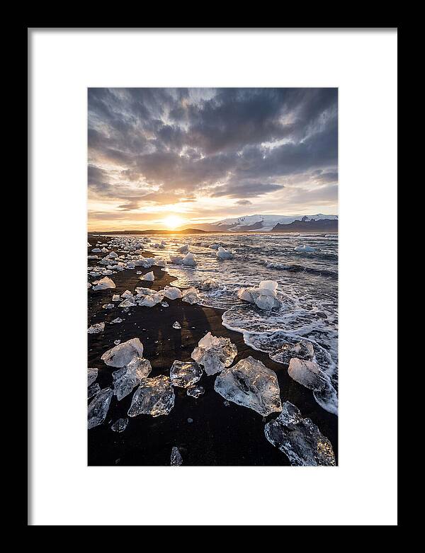 Icebergs At Sunset On Black Sand
