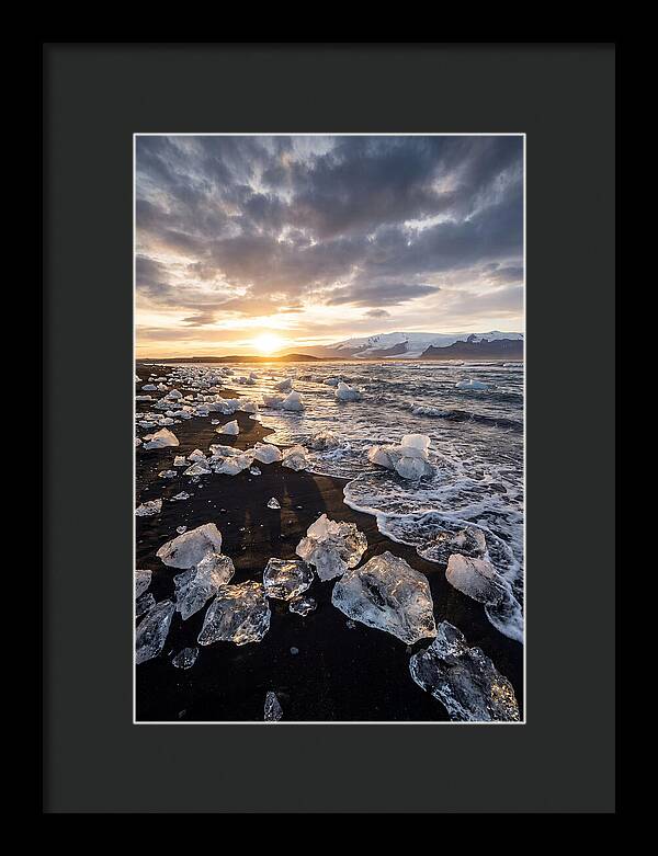 Icebergs At Sunset On Black Sand