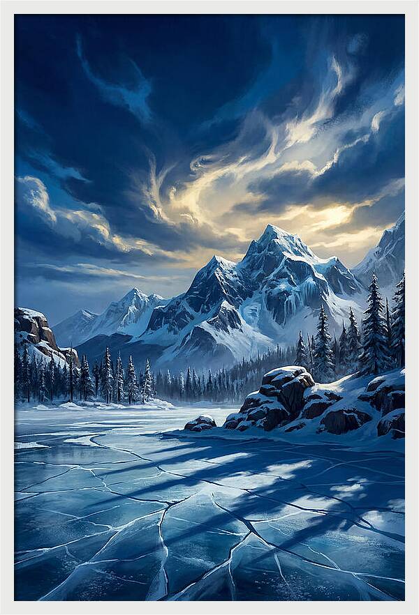 Icecovered Lake Under Mountains